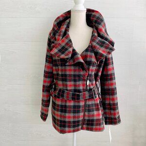 NWT Twiggy London Red plaid soft asymmetrical zip jacket belt shawl collar M